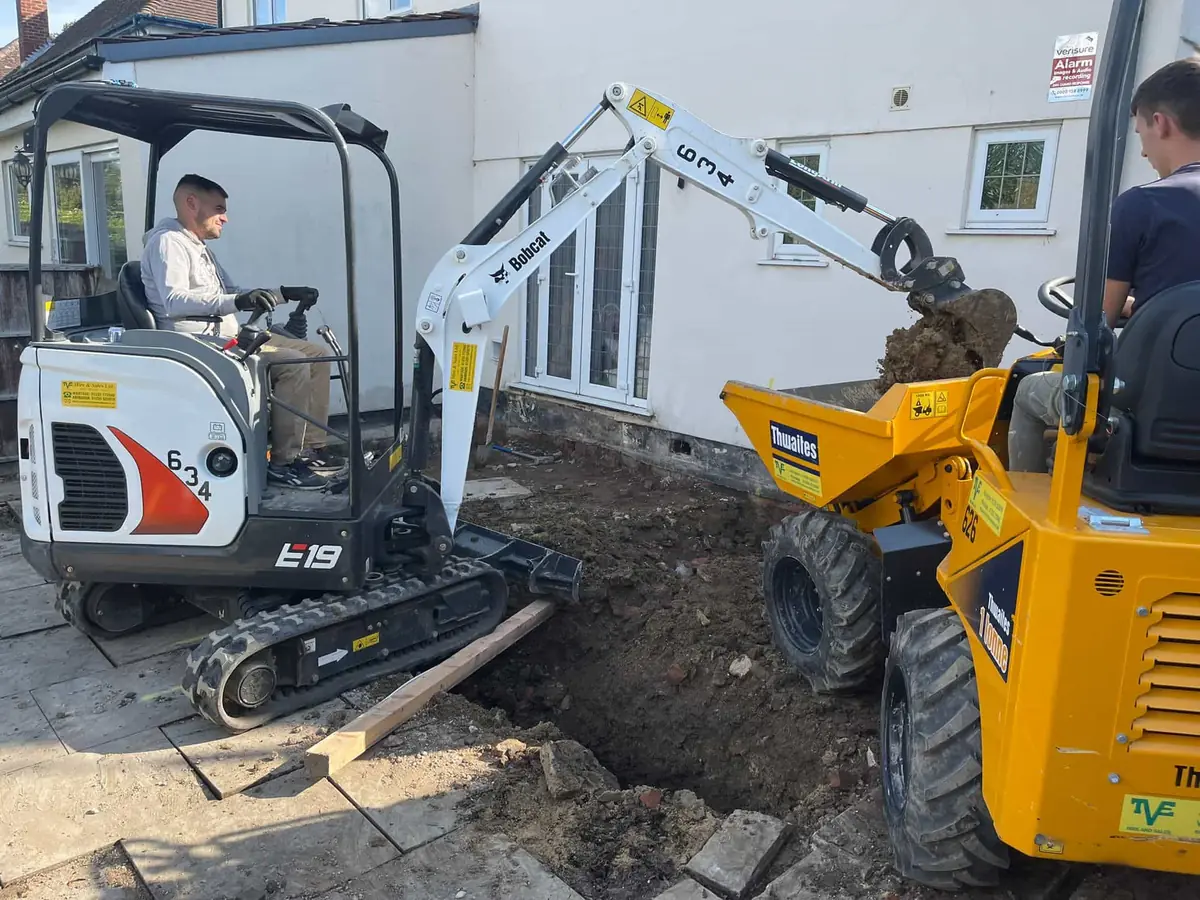 Mini excavator carrying out groundworks at a property in Oxford